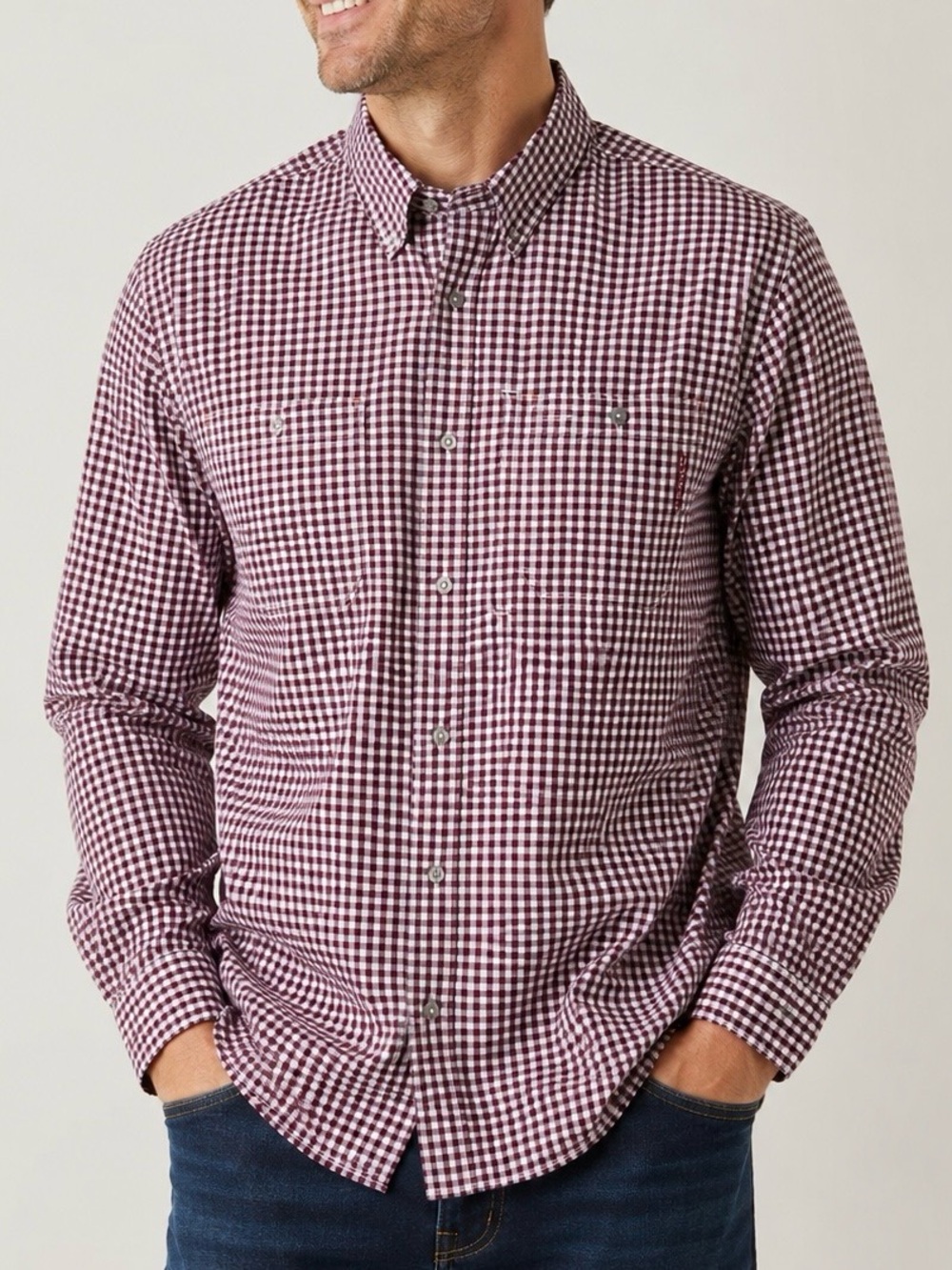 Orvis Burgundy and White Gingham Long Sleeve Button-Down Shirt Size L